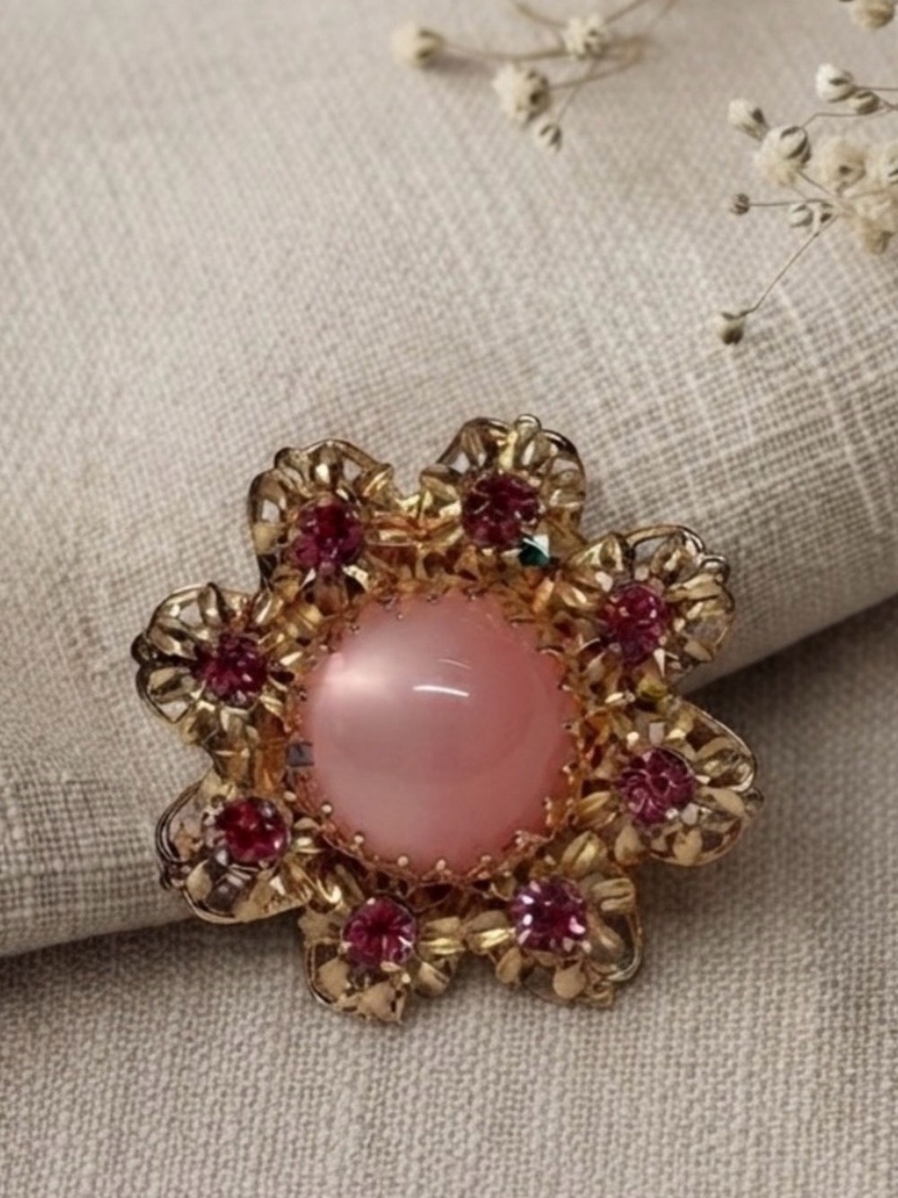 Vintage Coquette Pink Cabochon Floral Brooch | Gold Filigree Whimsigoth Pin